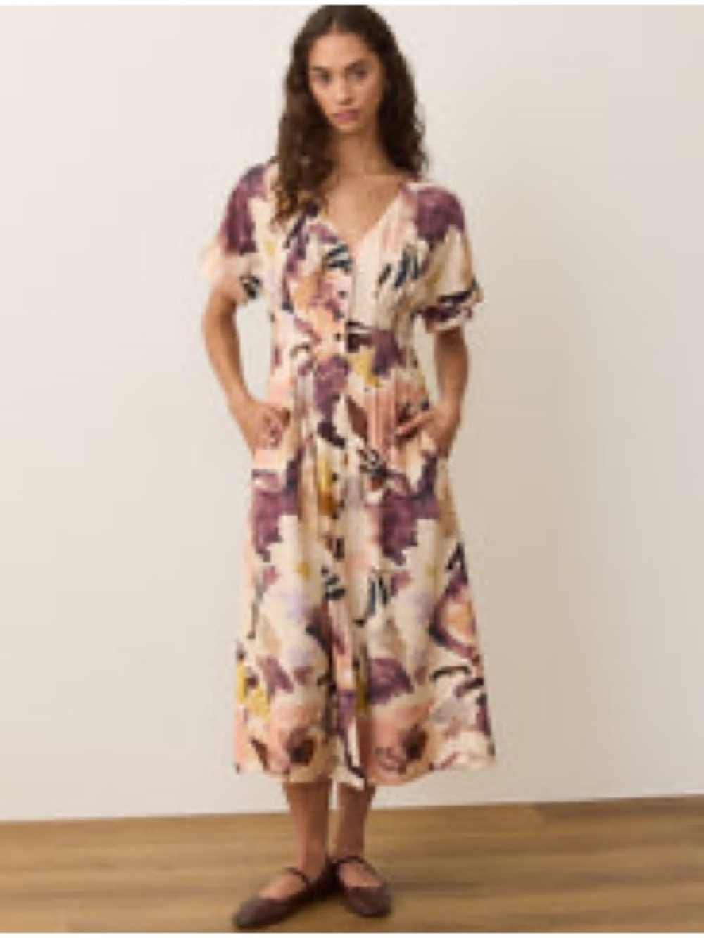 Marine Layer Abstract Print Button-Front Midi Dress in Cream, Brown and Mustard
